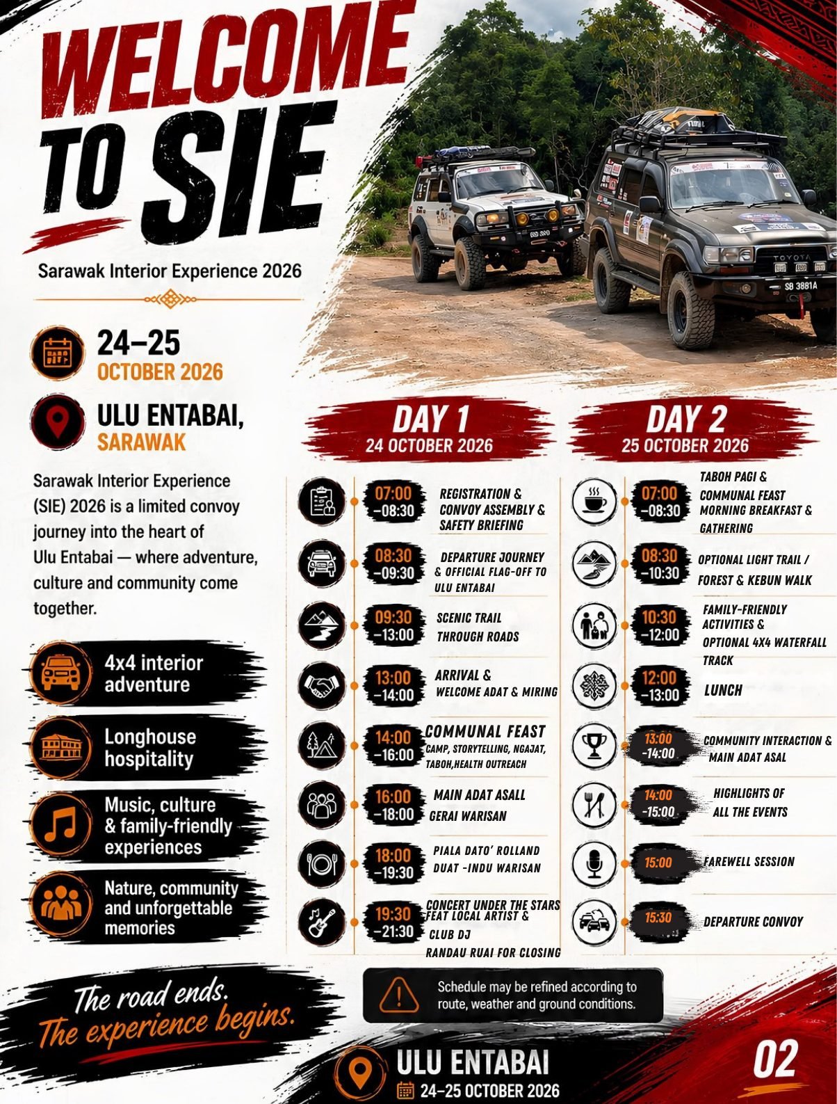 Welcome: what SIE 2026 is, and the full Day 1 and Day 2 schedule — from registration and the safety briefing through to the closing convoy.