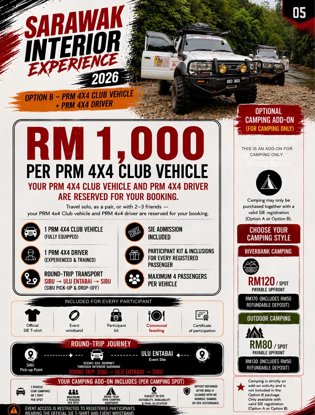 Option B: a PRM 4x4 club vehicle and driver at RM1,000, together with the camping add-on rates.