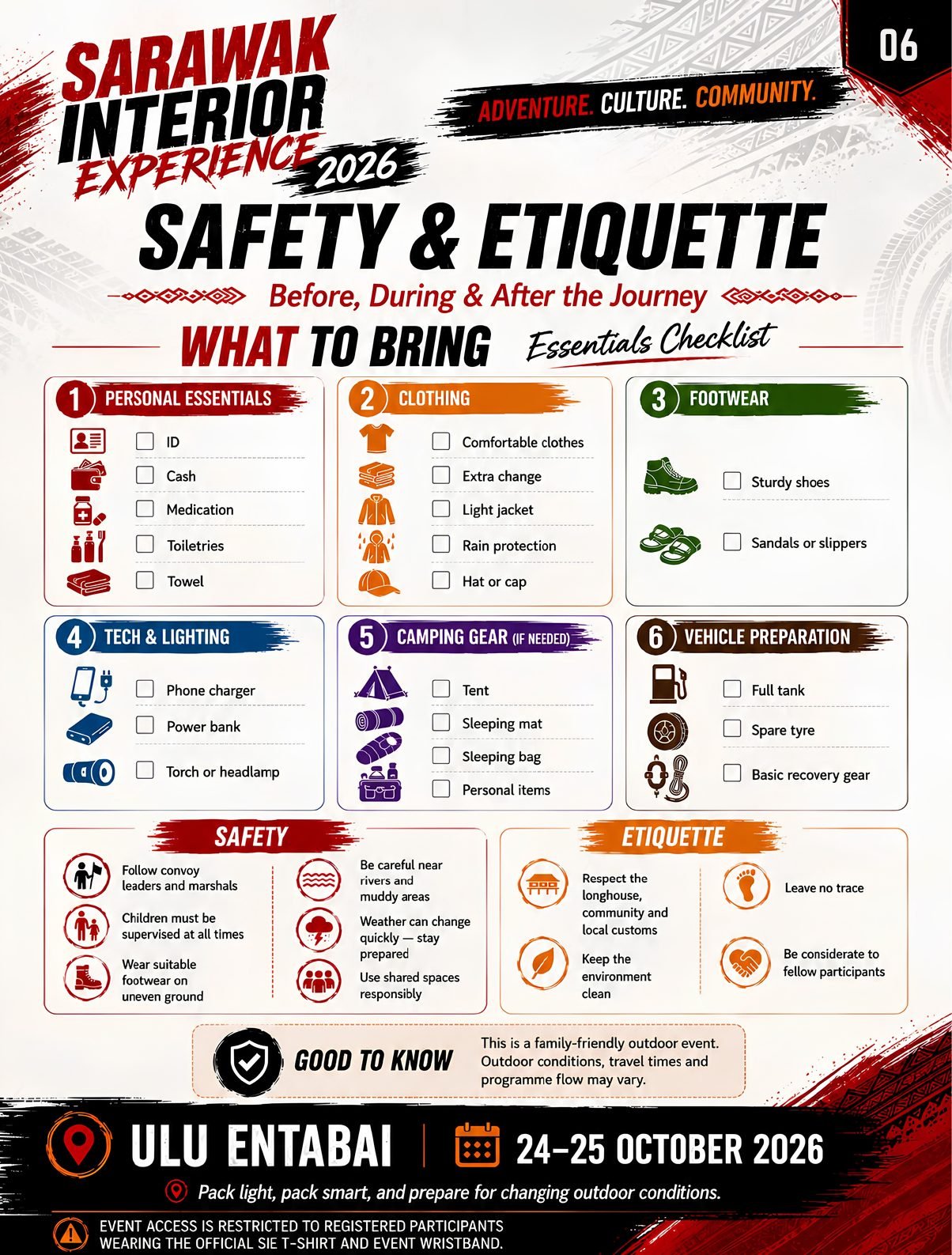 Safety and etiquette: the what-to-bring checklist, and the conduct expected before, during and after the journey.