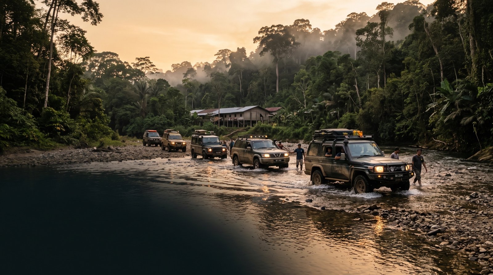 A 4x4 convoy crossing a jungle river in Ulu Entabai at dusk